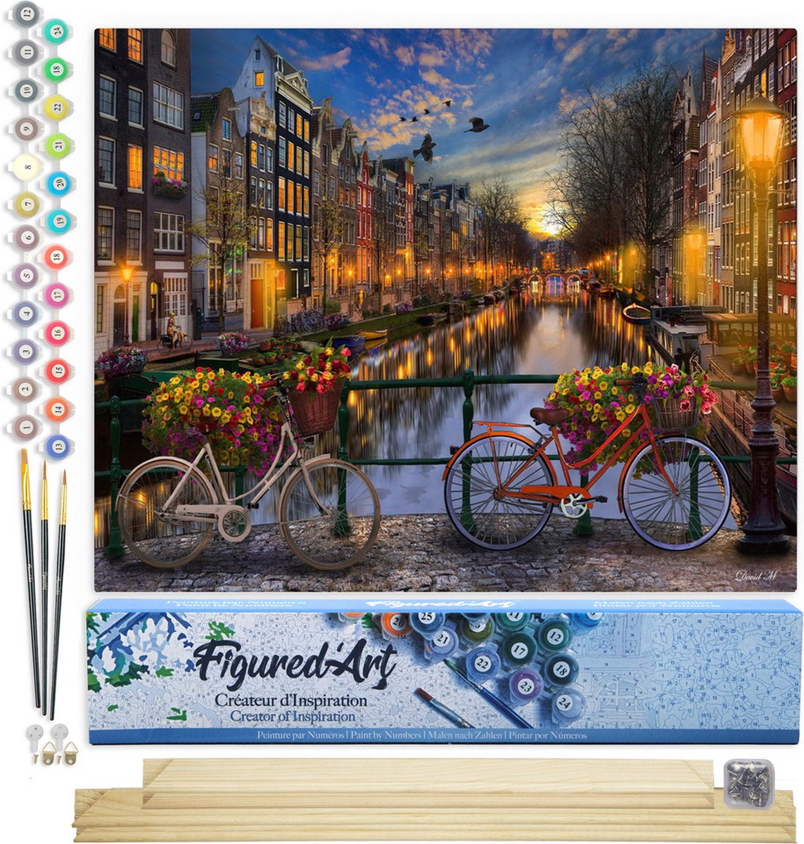 FiguredArt Schilderen op Nummer Volwassenen canvas Kanaal in Amsterdam - Handwerk acrylverf Kit DIY Compleet - 40x50cm met DIY houten lijst